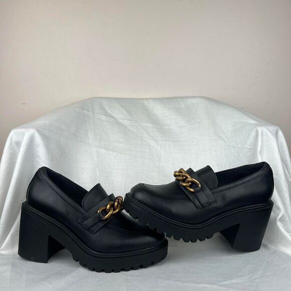 LANE BRYANT Black Smooth Loafers Chunky Platform With Gold Chain Detail Size 9 W - Picture 1 of 8